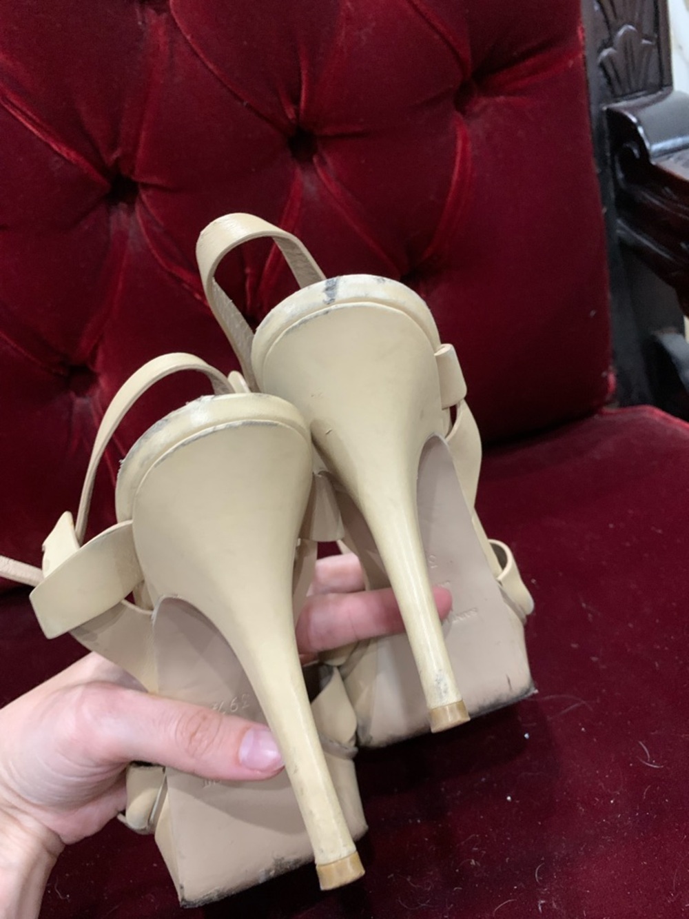 Saint Laurent Beige Leather Knotted T-Strap Heels - Picture 8 of 13